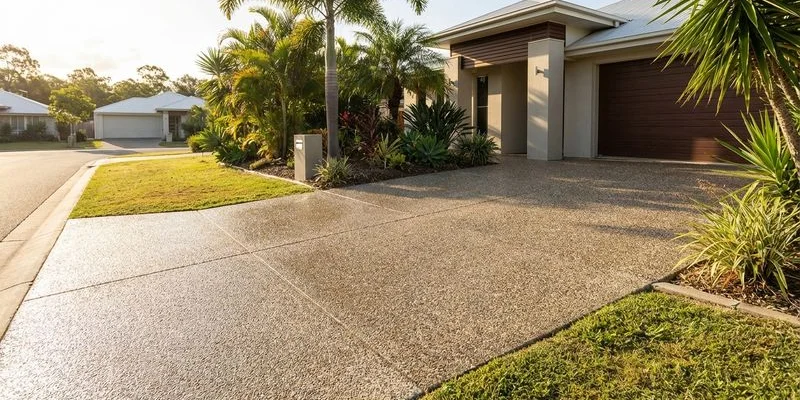 Brand new exposed aggregate concrete driveway freshly poured and finished replacing an old deteriorated surface on a Gold Coast home