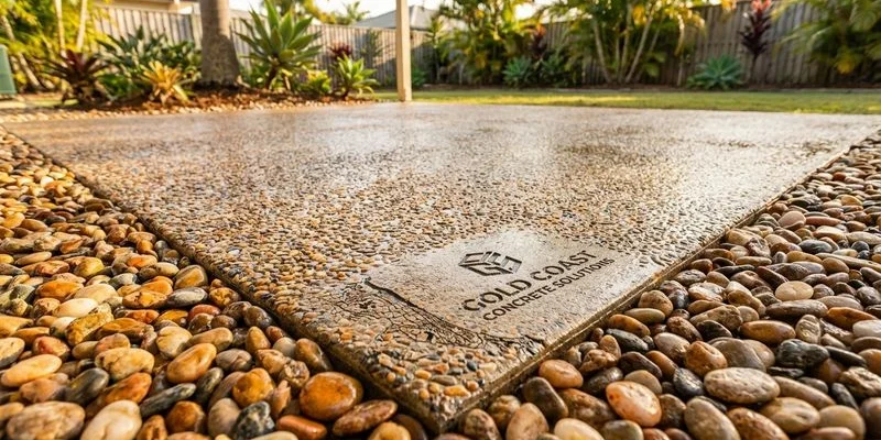 Close-up detail of exposed aggregate surface showing natural stone textures and colours after sealing on a Gold Coast patio