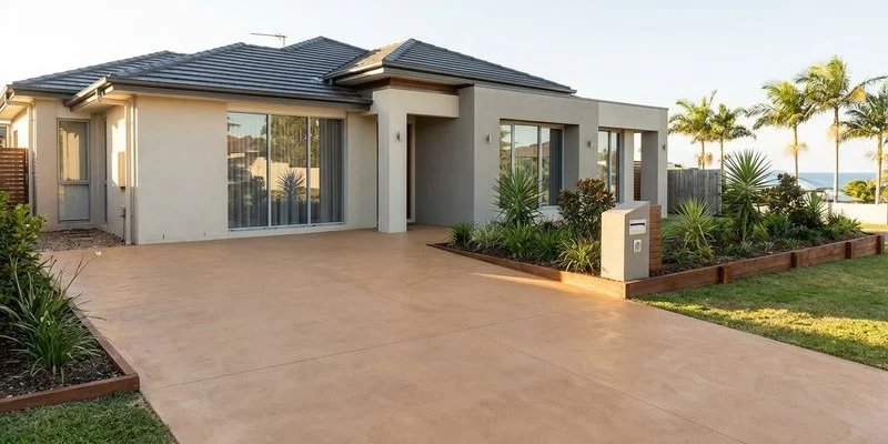 Coloured concrete driveway with warm sandstone tones complementing a modern Gold Coast home exterior with tropical landscaping