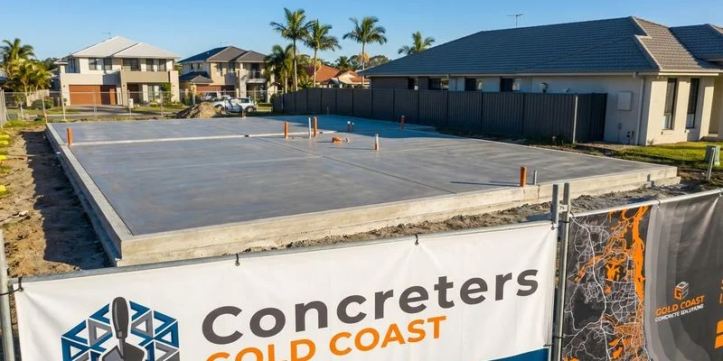 Completed concrete house slab with edge beams and plumbing penetrations ready for construction on a Gold Coast residential lot