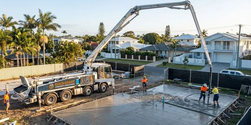 Concrete pump truck with extended boom delivering concrete to a residential slab pour on a Gold Coast construction site