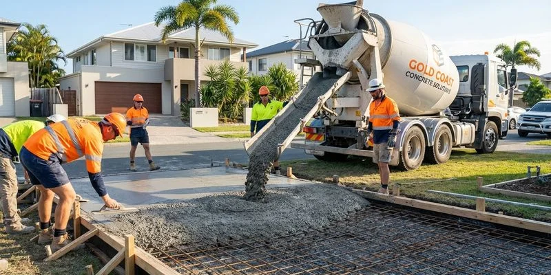 Concrete truck pouring fresh concrete into driveway formwork with steel reinforcing mesh visible on a residential Gold Coast site