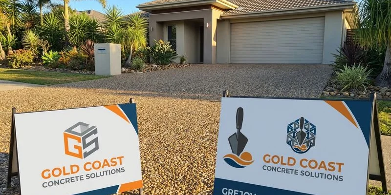 Exposed aggregate concrete driveway with natural stone textures and warm earth tones on a Gold Coast property with palm trees