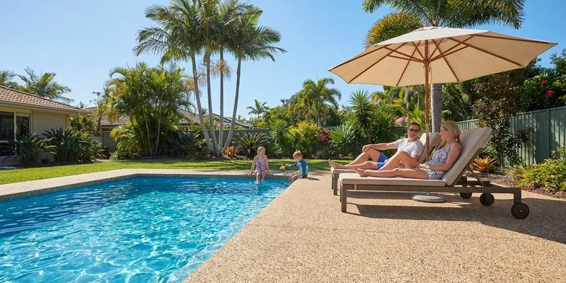 Family enjoying a completed concrete pool surround with exposed aggregate finish outdoor furniture and tropical landscaping Gold Coast