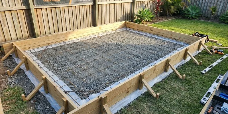 Formwork set up for a concrete shed slab with compacted gravel base and steel reinforcing mesh ready for pouring on Gold Coast