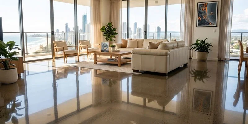 Mechanically polished concrete floor with high gloss reflective finish in a spacious Gold Coast living room with natural light
