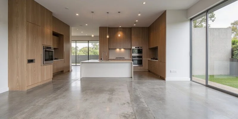 Modern Gold Coast home interior showing polished concrete in living areas transitioning to tiles in the bathroom and kitchen