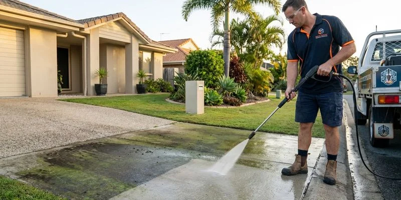 Person pressure washing a concrete driveway removing built-up dirt and algae stains on a Gold Coast home during maintenance