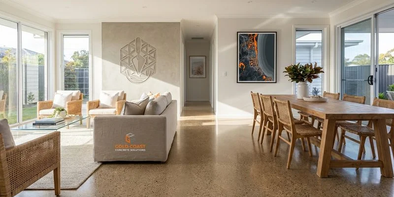 Polished concrete floor with warm natural tones in an open plan Gold Coast living and dining area with large glass windows
