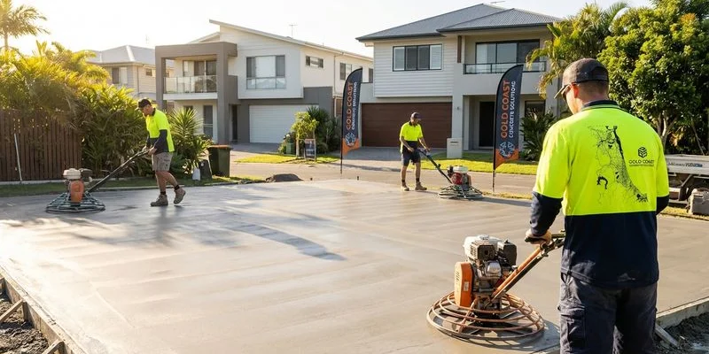 Professional concreters finishing a large residential concrete slab with power trowels on a Gold Coast building site at sunrise