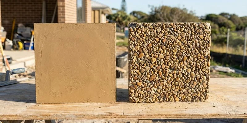 Side by side comparison of coloured concrete smooth finish and exposed aggregate textured finish samples for Gold Coast driveways