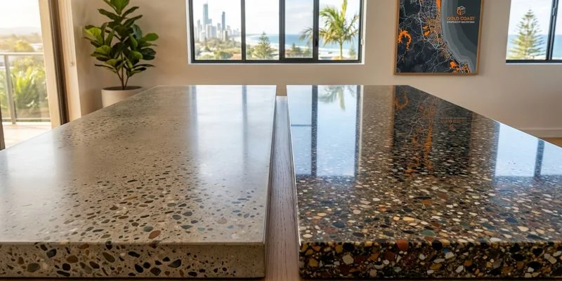 Side by side floor sections showing grind and seal satin finish versus mechanically polished high gloss concrete finish comparison