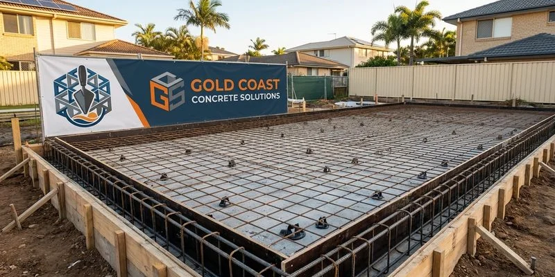 Steel reinforcing mesh on bar chairs inside timber formwork with edge beam reinforcement visible ready for concrete pour